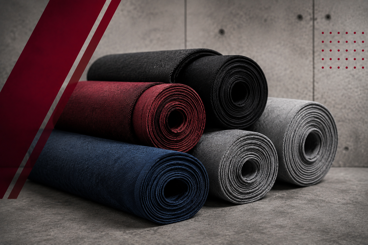 Rolled exercise mats in blue, red, black, and gray stacked on a gym floor with a concrete backdrop and maroon diagonal stripes (informative).