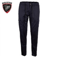 Navy cargo pants with a drawstring waist and multiple pockets, Wolfstar logo in the top-left corner.