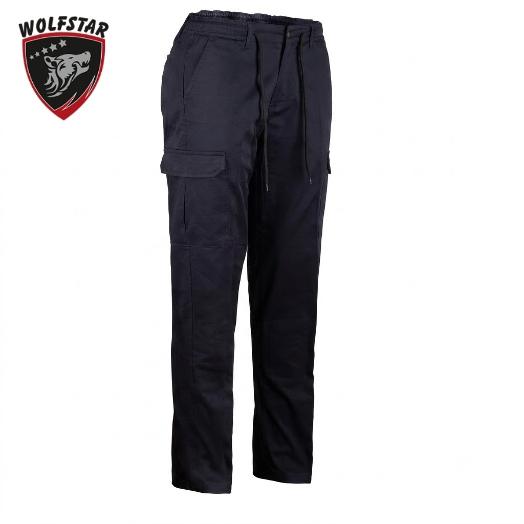 Navy cargo pants with a drawstring waist and multiple pockets, displayed full length; Wolfstar logo in the top-left corner.