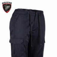 Dark navy cargo shorts with a drawstring waist and large side pockets, shown against a plain background; Wolfstar logo in the top-left corner.