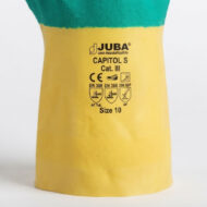 Close-up of a yellow safety boot with JUBA branding, Cat III designation, and size 10.