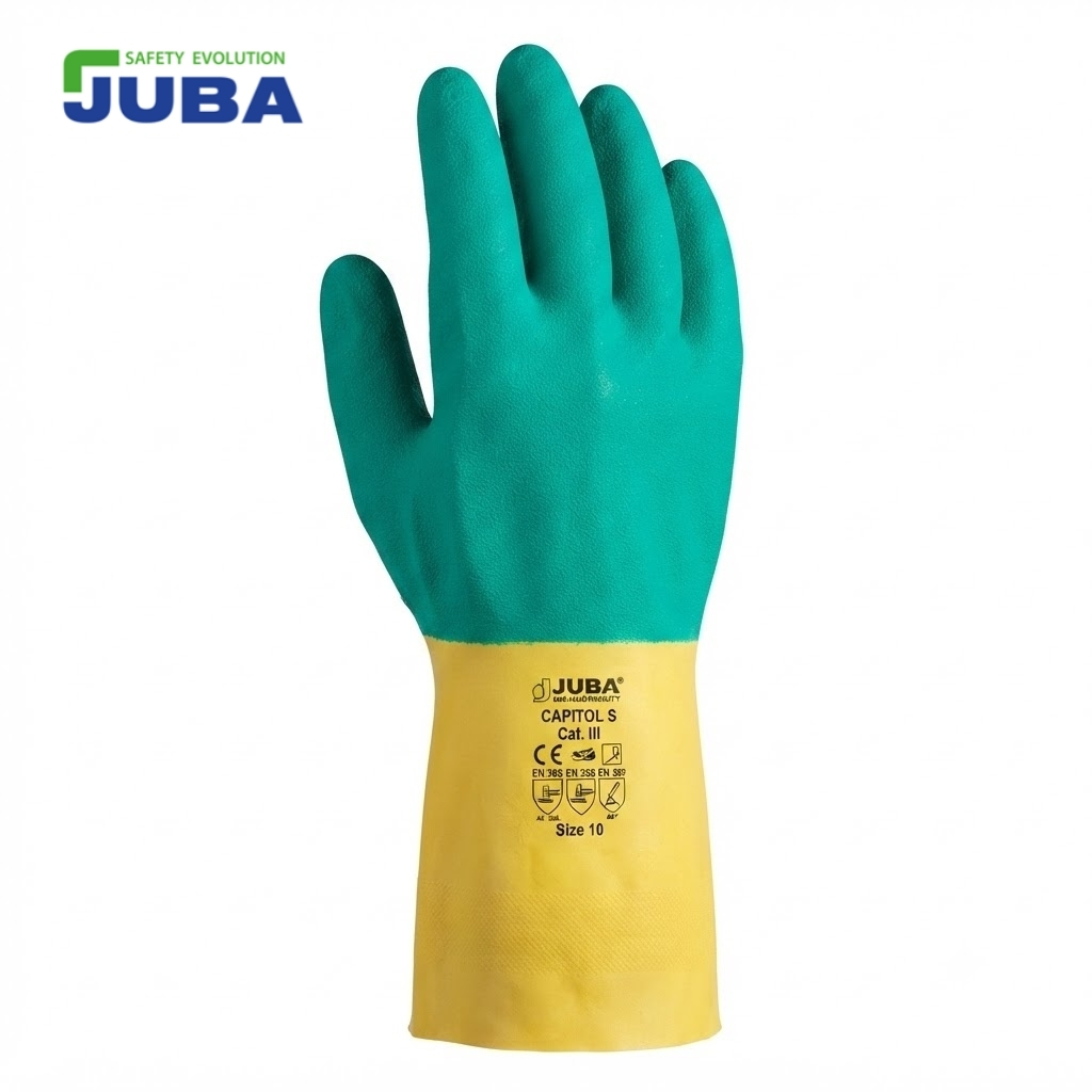 Teal green safety glove with a yellow cuff, branded JUBA, size 10, shown against a white background.