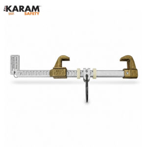 Industrial rigging clamp bar with brass end jaws and a central locking mechanism, branded KARAM SAFETY, shown on a white background.