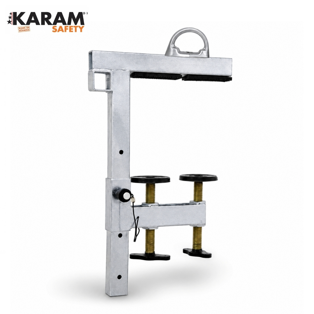 KARAM Safety metal industrial clamp with a vertical frame and two adjustable threaded jaws for securing workpieces.