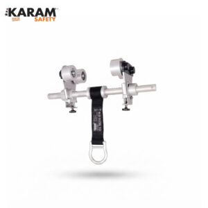 KARAM Safety horizontal lifeline anchor with black strap and metal clamps for attaching a safety harness (fall protection).