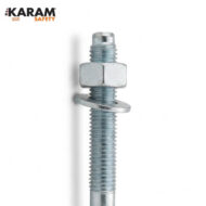 Metal bolt with a hex nut and a flat washer positioned near the midsection, set against a white background (Karams Safety logo in the top-left).