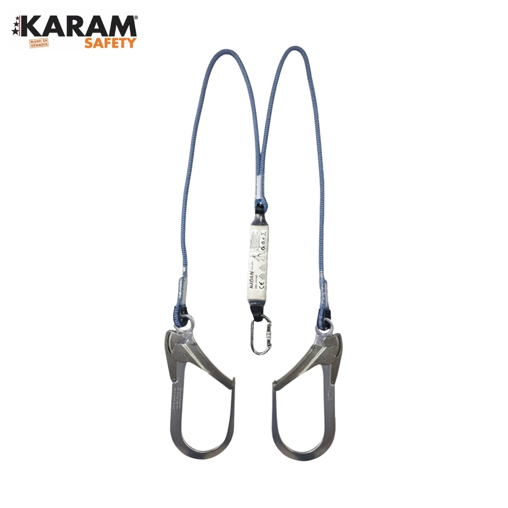 KARAM Safety twin lanyard with two locking carabiners and a central shock absorber for fall protection (blue rope)
