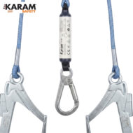 KARAM Safety fall-arrest lanyard with twin steel hooks and central shock absorber, used for climbing protection