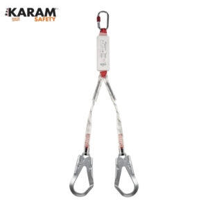 Twin-carabiner fall-arrest lanyard with red straps and white central housing on a white background (safety equipment)