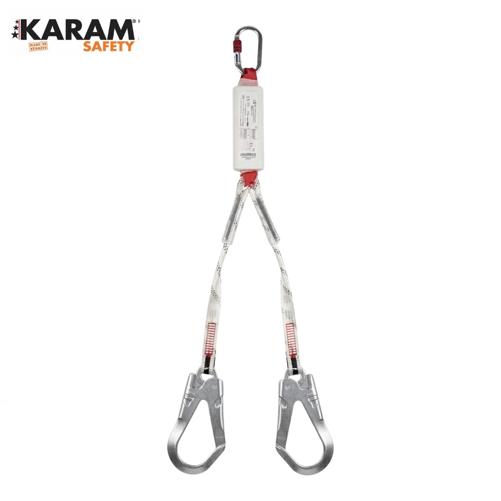 Twin-carabiner fall-arrest lanyard with red straps and white central housing on a white background (safety equipment)