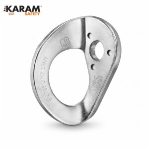 Metal safety anchor plate from KARAM Safety with a large central hole and several smaller mounting holes; used as an anchor point for fall protection.
