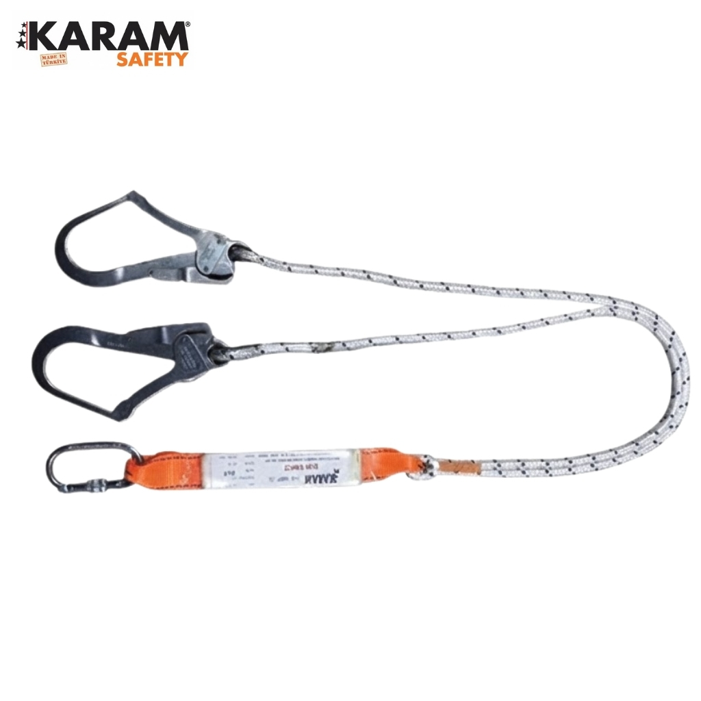 Double-section rope lanyard for fall protection with two carabiners and orange sleeve.