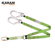 Twin-lanyard safety harness lanyard with two metal carabiners and bright green webbing by KARAM Safety (fall protection)
