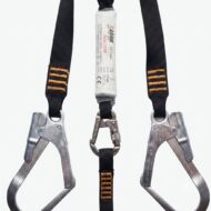 Climbing harness with two open carabiners and a central white label strap on a white background for belaying.