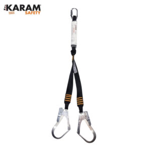 KARAM Safety fall-arrest lanyard with two metal carabiners and black webbing.