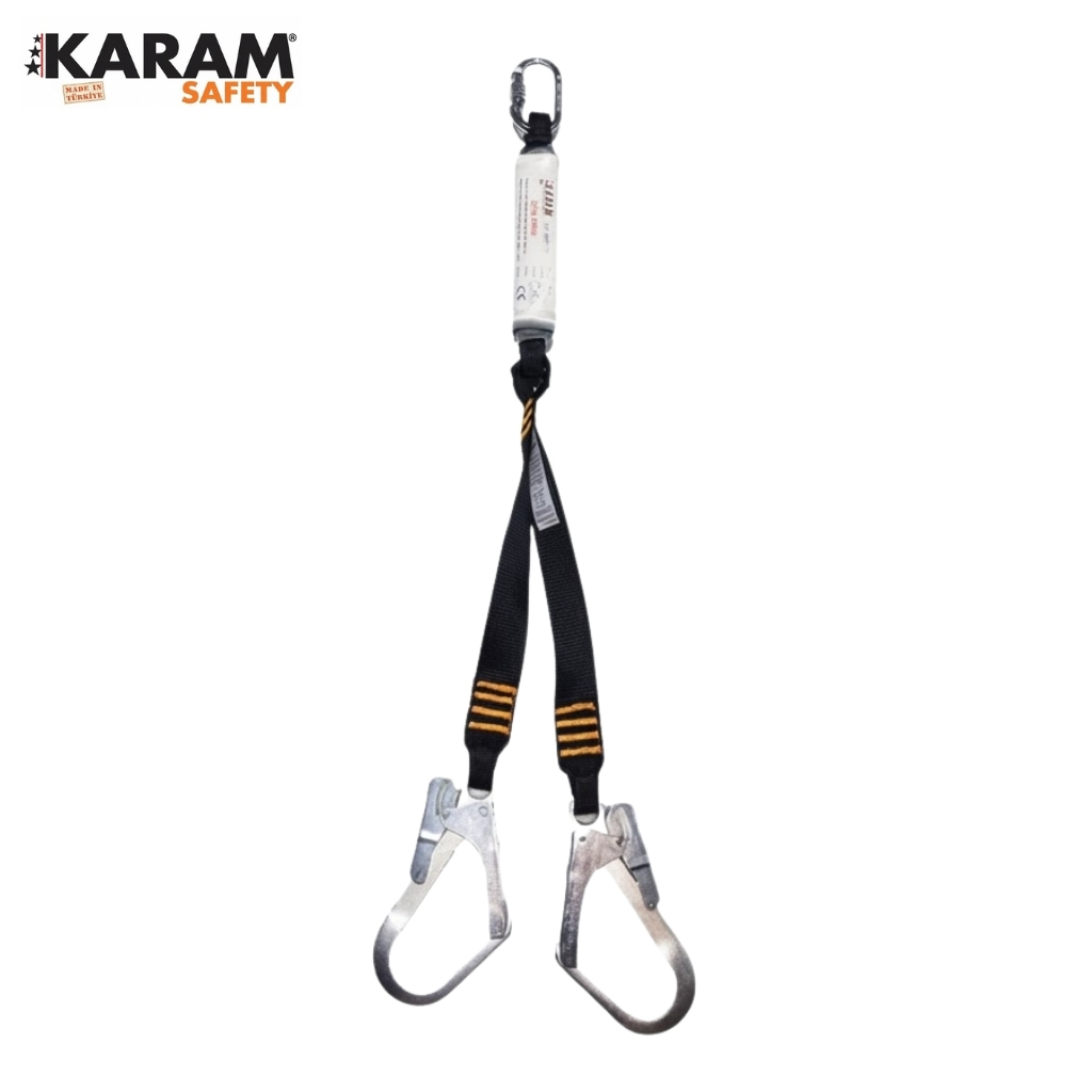 KARAM Safety fall-arrest lanyard with two metal carabiners and black webbing.