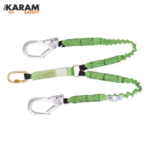 Three green safety lanyards with metal carabiners arranged horizontally for fall protection equipment use.