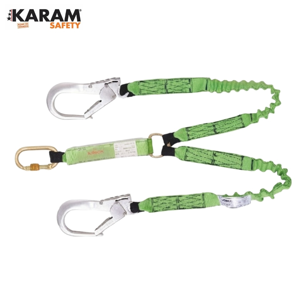 Three green safety lanyards with metal carabiners arranged horizontally for fall protection equipment use.