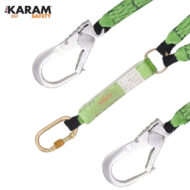 KARAM safety fall-arrest lanyard with green webbing and two metal carabiners on opposite ends