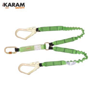 Three green safety lanyards with metal hooks for fall protection in industrial settings, branded KARAM Safety.