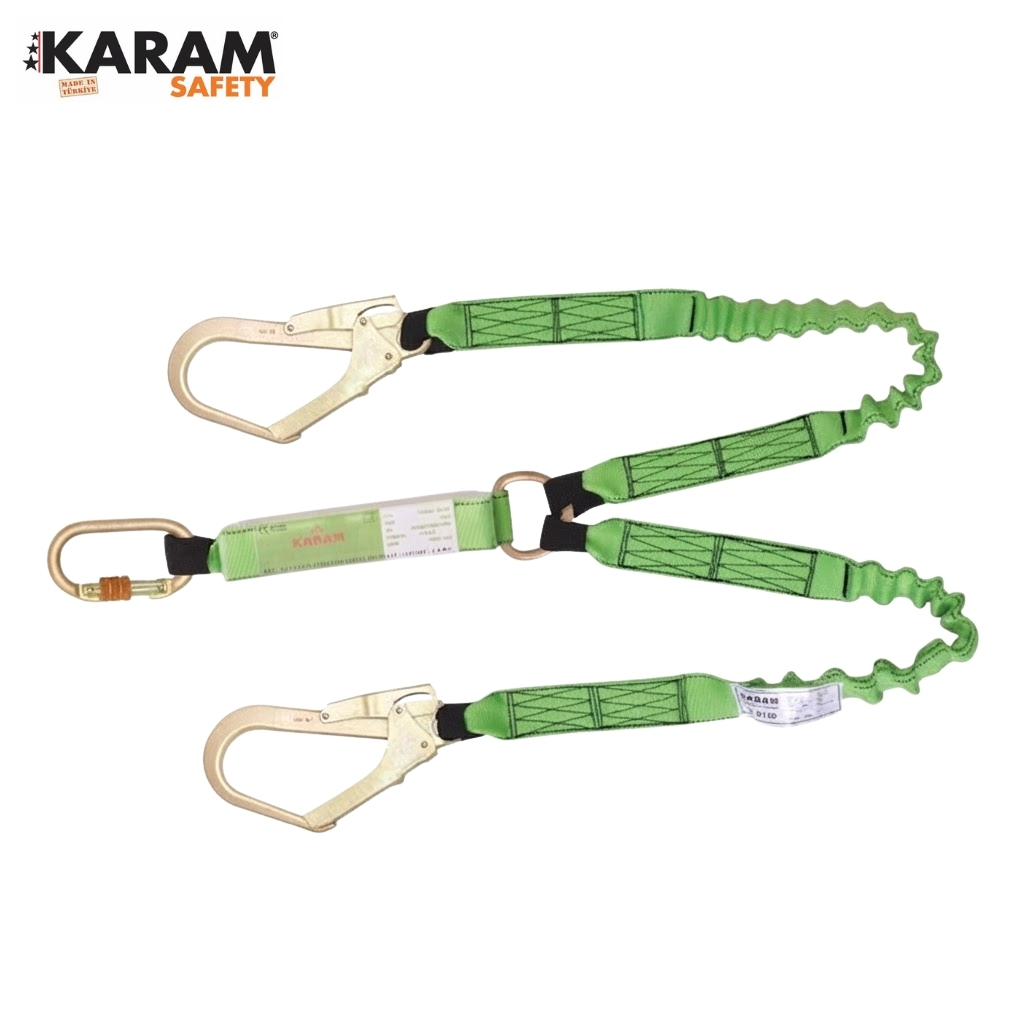 Three green safety lanyards with metal hooks for fall protection in industrial settings, branded KARAM Safety.
