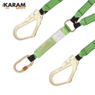 KARAM Safety green fall-arrest lanyard with dual large carabiner hooks on white background.