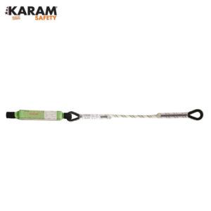 KARAM Safety fall-arrest lanyard with green adjustable buckle and two attachment points, laid horizontally on white