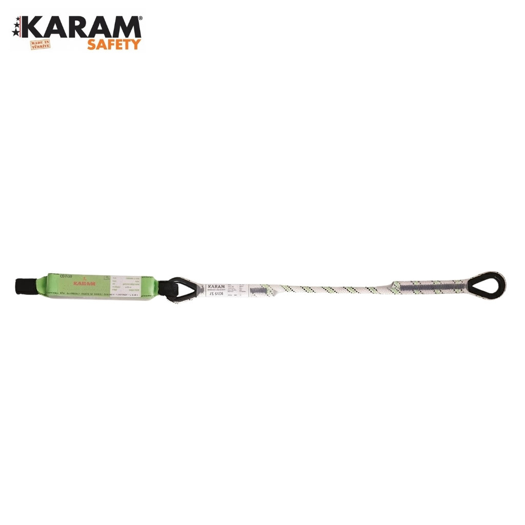 KARAM Safety fall-arrest lanyard with green adjustable buckle and two attachment points, laid horizontally on white