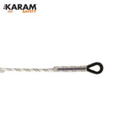 White rope lanyard with a black eye-loop at the end, branded KARAM Safety in the top-left corner.