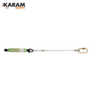 KARAM Safety lanyard with a green padded grip and a gold carabiner, designed for fall protection.