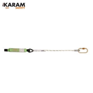 KARAM Safety lanyard with a green padded grip and a gold carabiner, designed for fall protection.