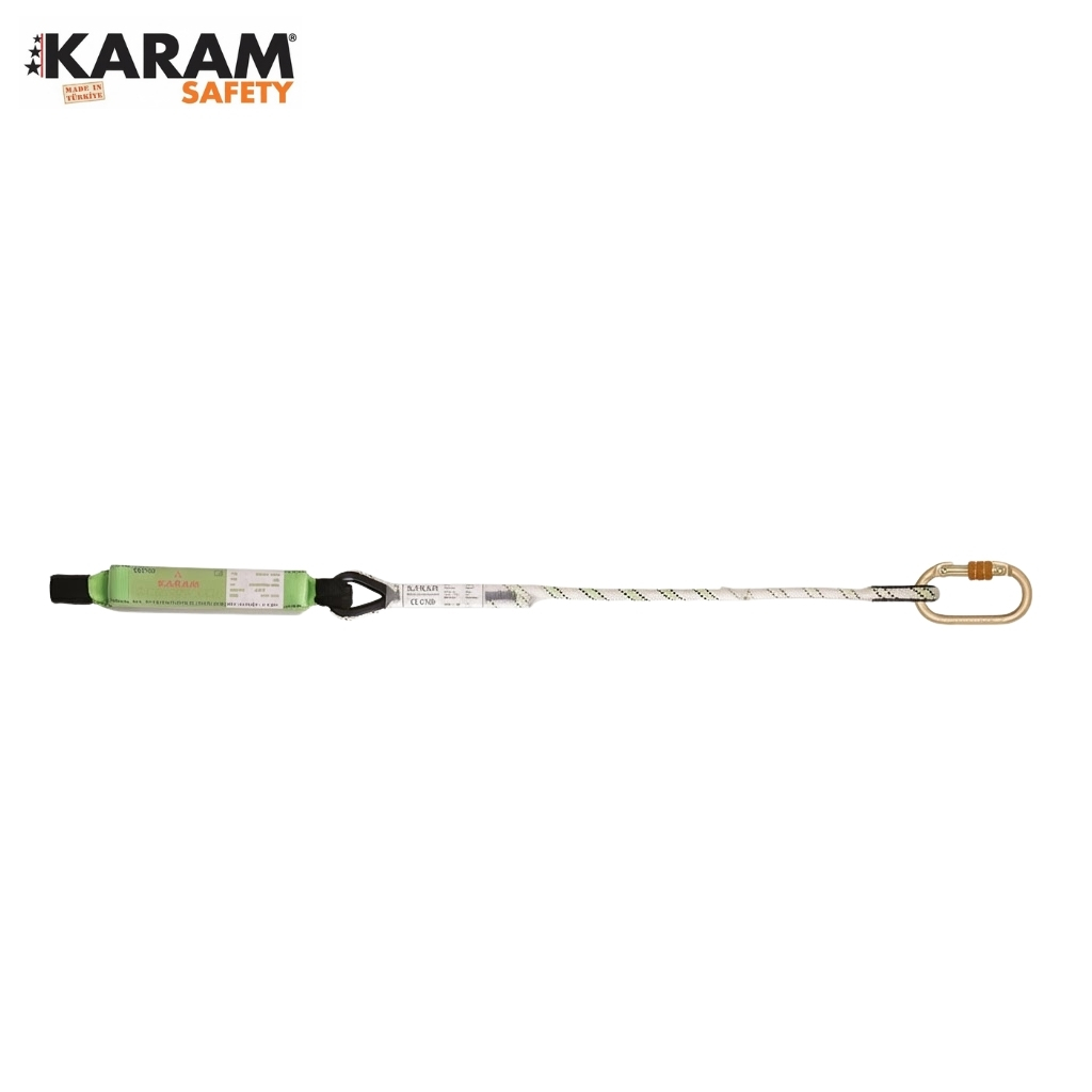 KARAM Safety lanyard with a green padded grip and a gold carabiner, designed for fall protection.