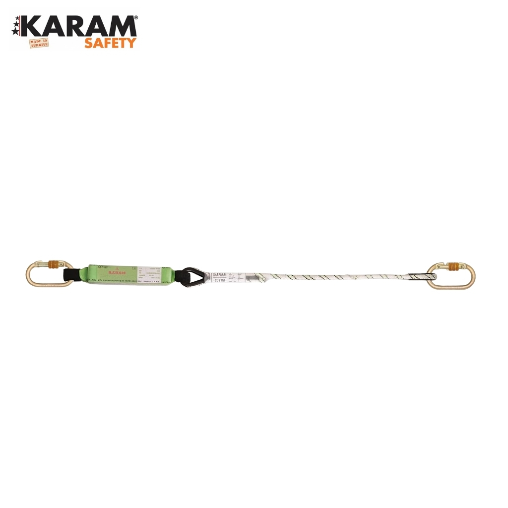 Rope lanyard with metal carabiners on each end for fall protection. Brand: KARAM Safety (image shows product line).