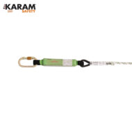 KARAM Safety logo with a green rope lanyard and gold carabiner for fall protection equipment