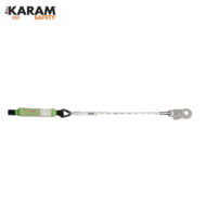 KARAM Safety rope lanyard with green energy-absorber and metal carabiner at the end.