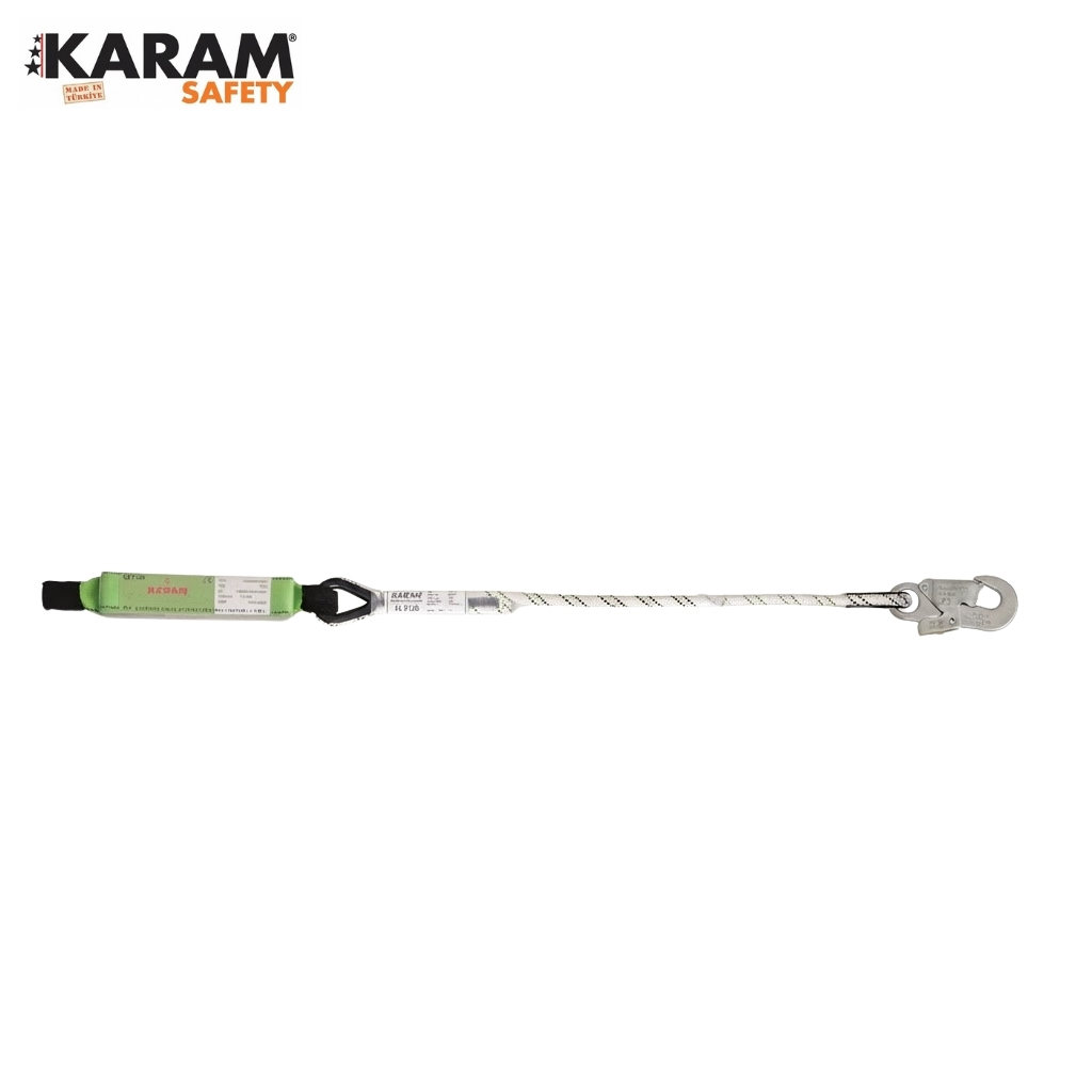 KARAM Safety rope lanyard with green energy-absorber and metal carabiner at the end.