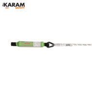 Green energy-absorbing fall-arrest lanyard with braided white rope and connector end. (KARAM Safety)