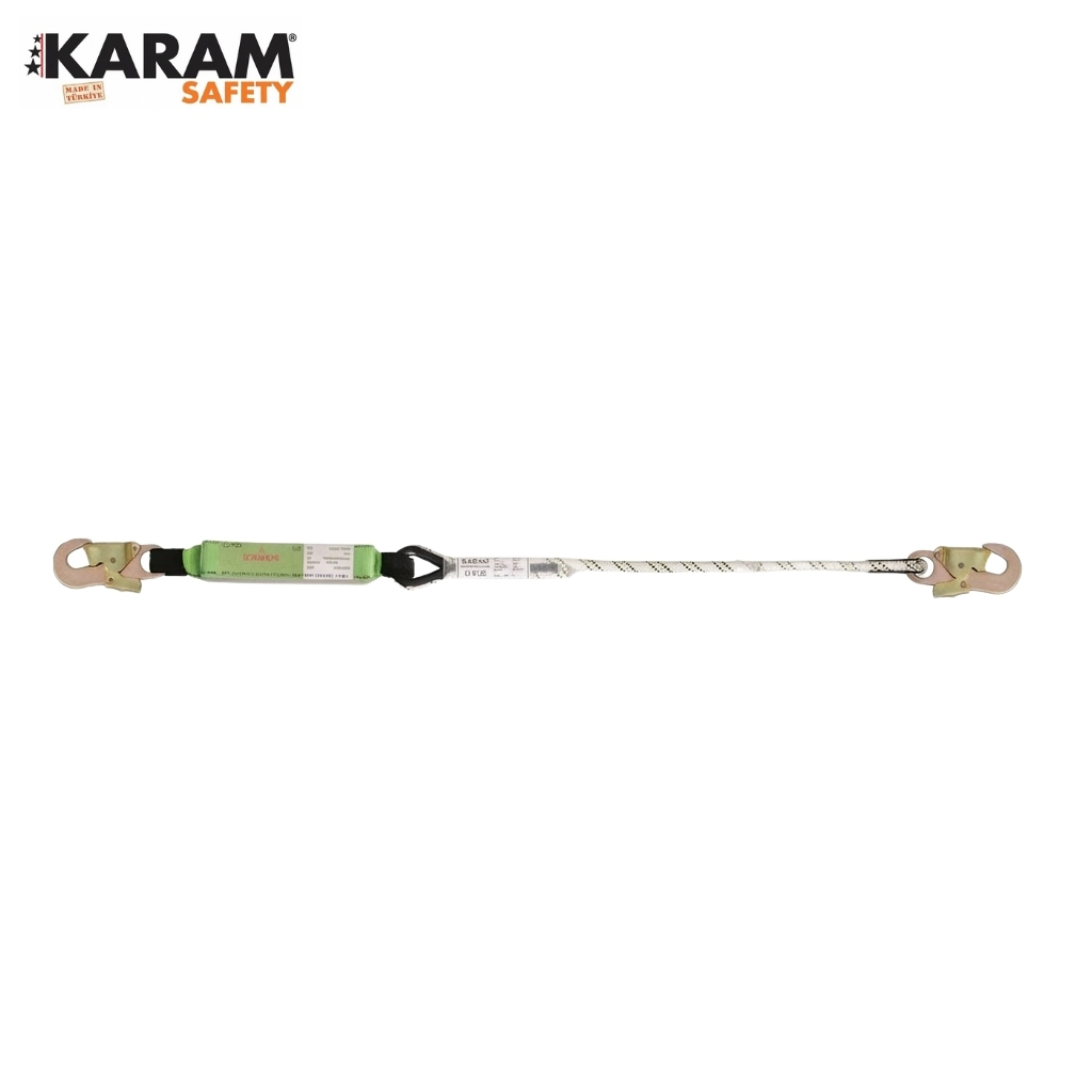 Safety lanyard with shock-absorbing sleeve and two textile-coated ends for fall protection (Karum Safety)