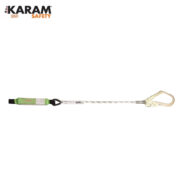 Fall-arrest safety lanyard with metal hook and green protective sleeve, used for personal fall protection (KARAM Safety).