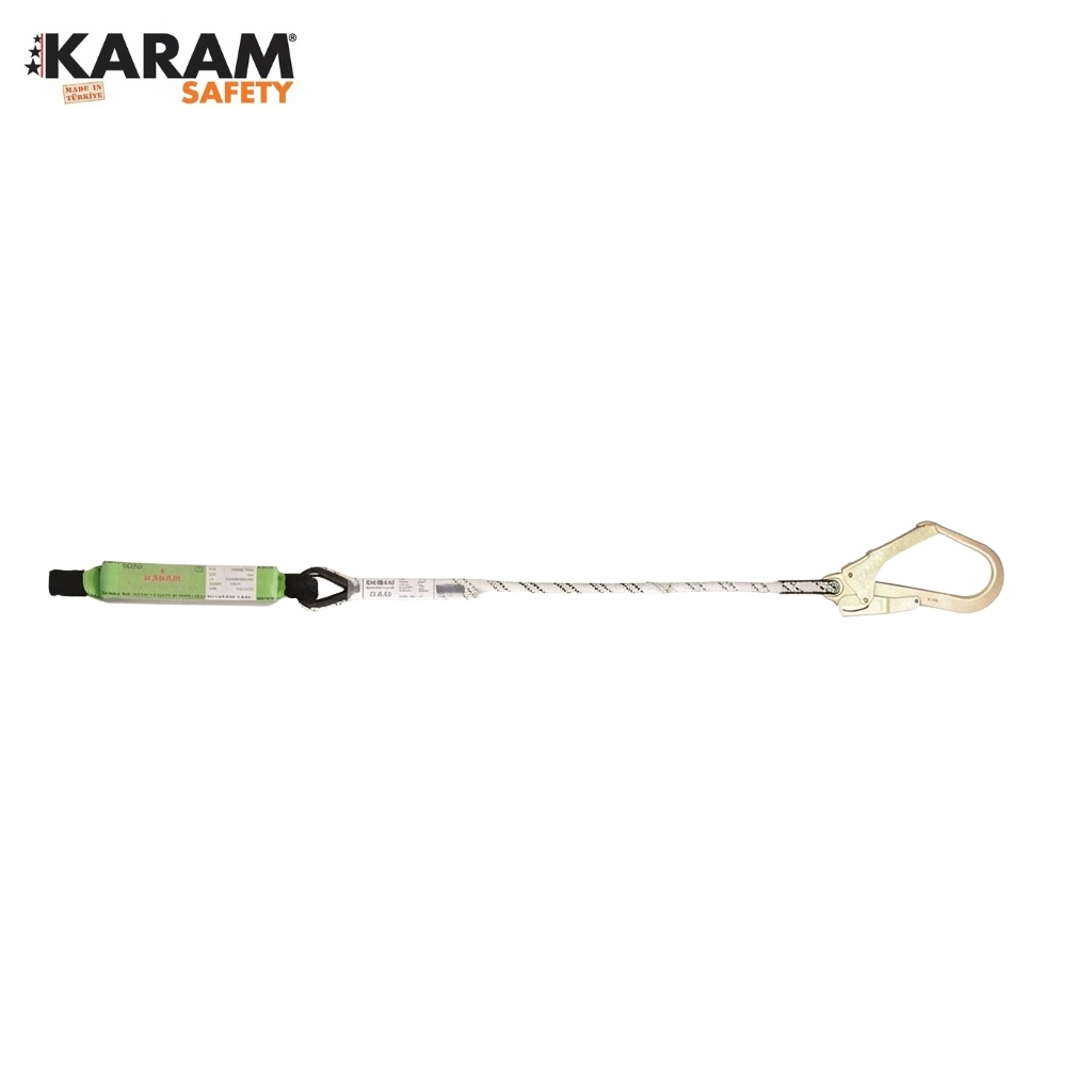 Fall-arrest safety lanyard with metal hook and green protective sleeve, used for personal fall protection (KARAM Safety).