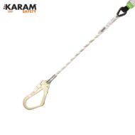 Climbing safety rope with a gold carabiner at the end, shown diagonally; KARAM Safety branding in the corner.