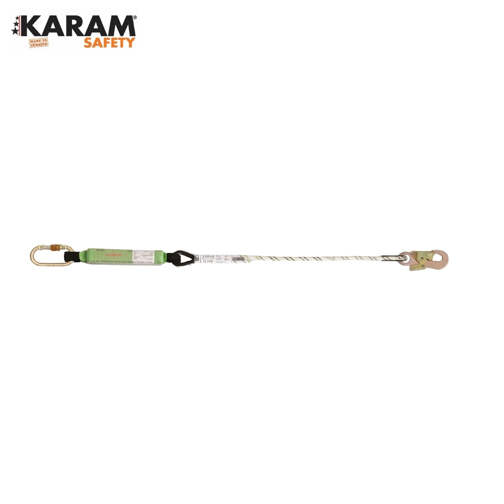 Horizontal safety rope lanyard with carabiner on the left and anchor hook on the right, featuring a green energy-absorbing component in the middle (KARAM Safety)./