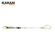Horizontal safety lanyard with rope and metal carabiners at both ends, used for fall-arrest in industrial climbing (KARAM Safety branding in corner).