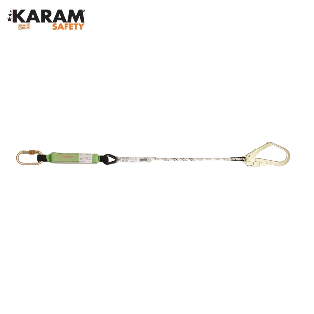 Horizontal safety lanyard with rope and metal carabiners at both ends, used for fall-arrest in industrial climbing (KARAM Safety branding in corner).