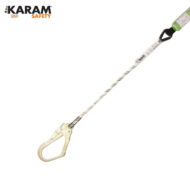 Product image of a long safety rope lanyard with a gold-toned karabiner hook. Brand: KARAM Safety (logo top left).