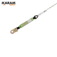Green safety lanyard with a metal hook for fall protection, branded KARAM SAFETY logo present in the corner