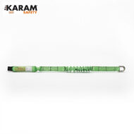 Green safety lanyard with a coiled middle, metal hook at the right end, and a label on the left; KARAM Safety logo in the corner.