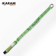 Green safety lanyard with metal connector at one end, branded KARAM SAFETY (fall-arrest PPE).