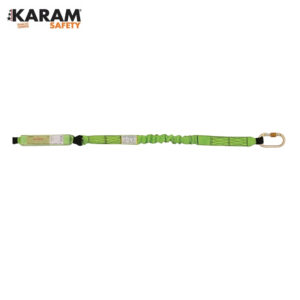 Green KARAM Safety fall-arrest lanyard with a metal carabiner at one end, used for fall protection