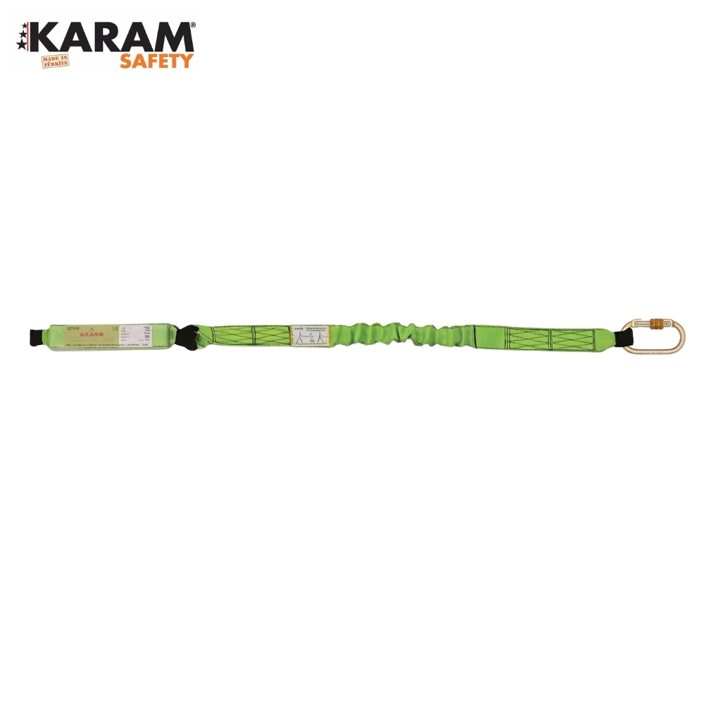 Green KARAM Safety fall-arrest lanyard with a metal carabiner at one end, used for fall protection